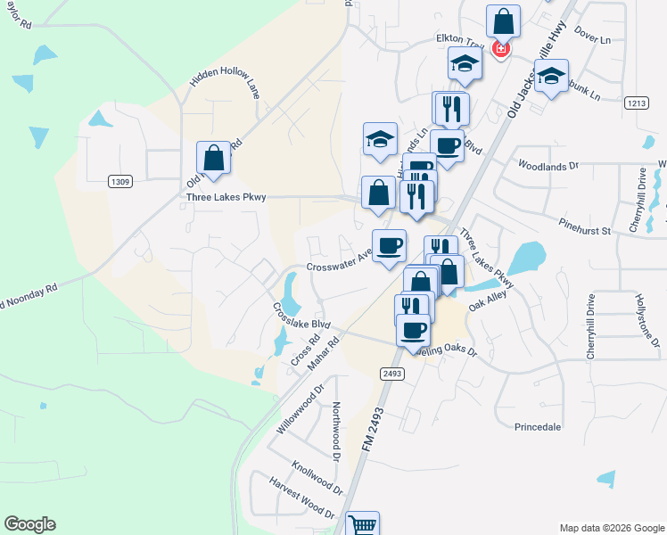 map of restaurants, bars, coffee shops, grocery stores, and more near Crosswater Avenue in Tyler