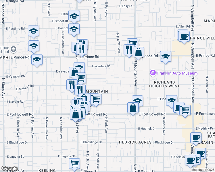 map of restaurants, bars, coffee shops, grocery stores, and more near 1027 East Halcyon Road in Tucson
