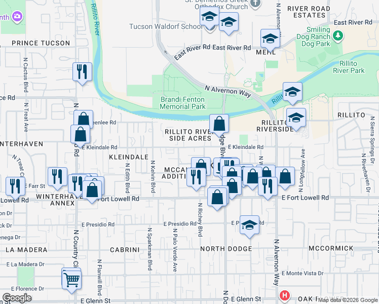 map of restaurants, bars, coffee shops, grocery stores, and more near 3521 East Hardy Drive in Tucson