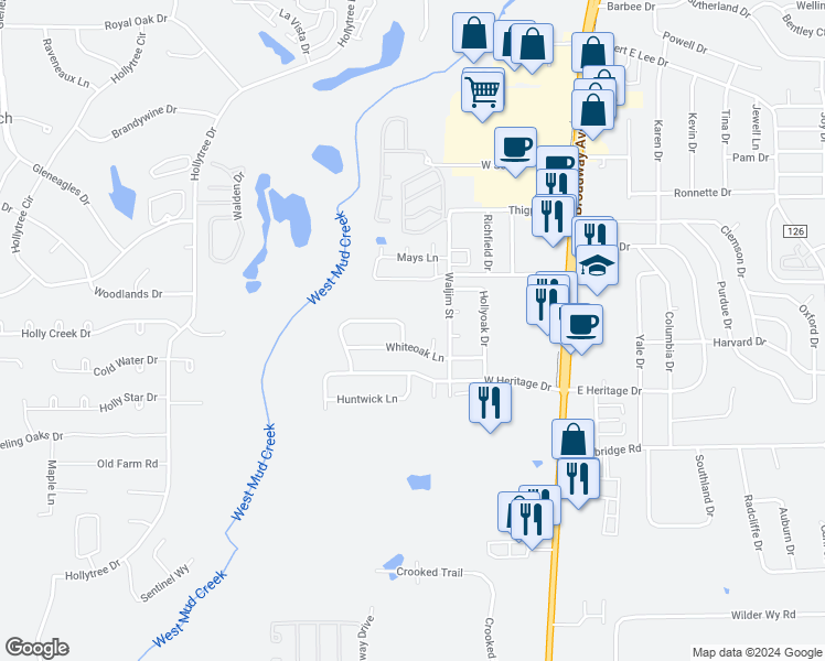 map of restaurants, bars, coffee shops, grocery stores, and more near 523 Prestonwood Circle in Tyler