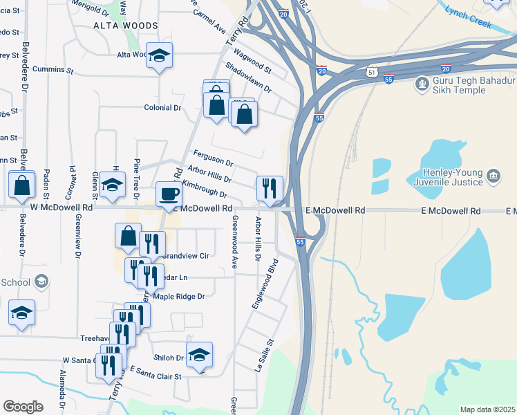 map of restaurants, bars, coffee shops, grocery stores, and more near 398 East McDowell Road in Jackson