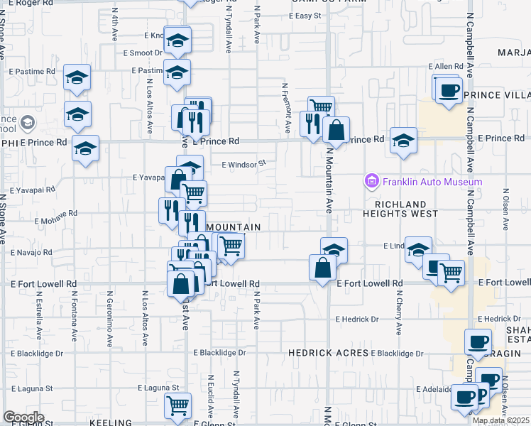 map of restaurants, bars, coffee shops, grocery stores, and more near 1027 East Halcyon Road in Tucson