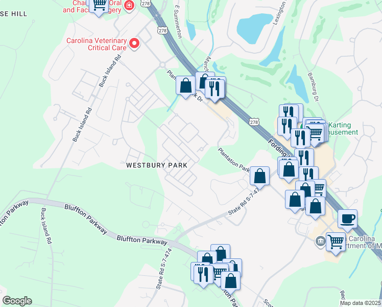 map of restaurants, bars, coffee shops, grocery stores, and more near 119 Regent Avenue in Bluffton