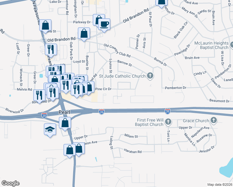 map of restaurants, bars, coffee shops, grocery stores, and more near 524 Foxrun Trail in Pearl