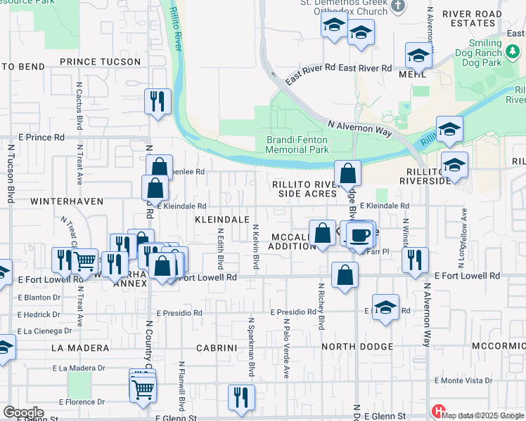 map of restaurants, bars, coffee shops, grocery stores, and more near 3343 North Kelvin Boulevard in Tucson