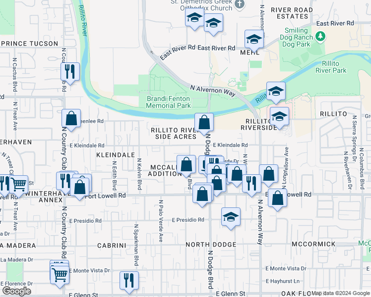 map of restaurants, bars, coffee shops, grocery stores, and more near 3351 North Richey Boulevard in Tucson