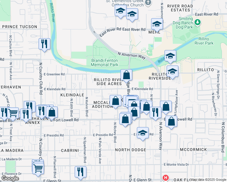 map of restaurants, bars, coffee shops, grocery stores, and more near 3351 North Richey Boulevard in Tucson
