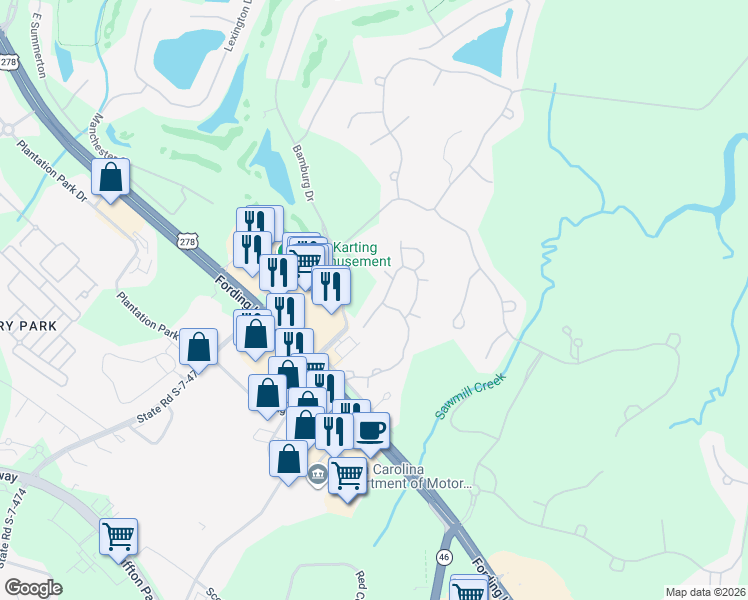 map of restaurants, bars, coffee shops, grocery stores, and more near 18 Oak Forest Road in Bluffton