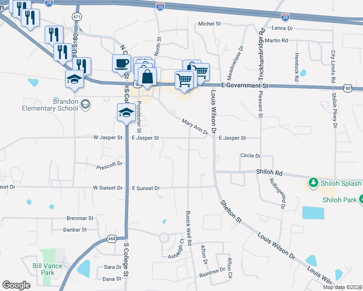 map of restaurants, bars, coffee shops, grocery stores, and more near 205 West Brandon Court in Brandon