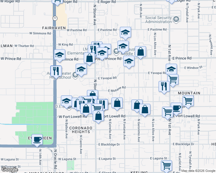 map of restaurants, bars, coffee shops, grocery stores, and more near 137 East Mohave Road in Tucson
