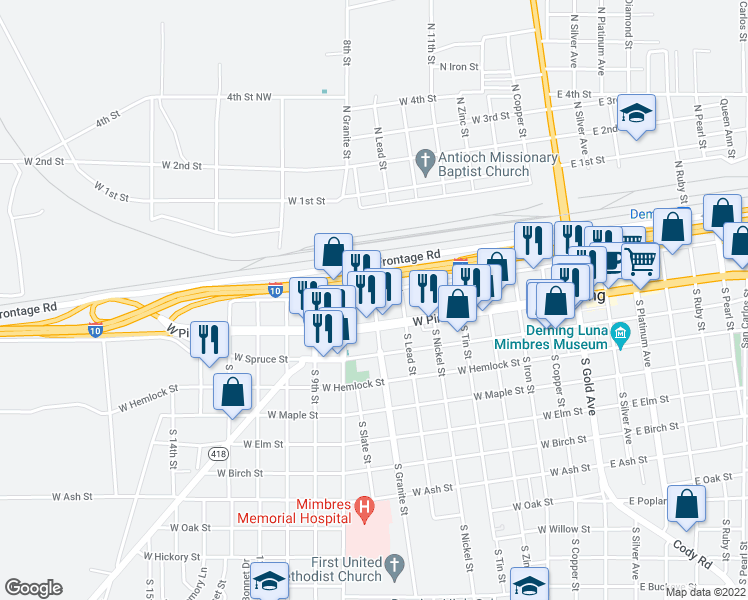 map of restaurants, bars, coffee shops, grocery stores, and more near 122 North Granite Street in Deming
