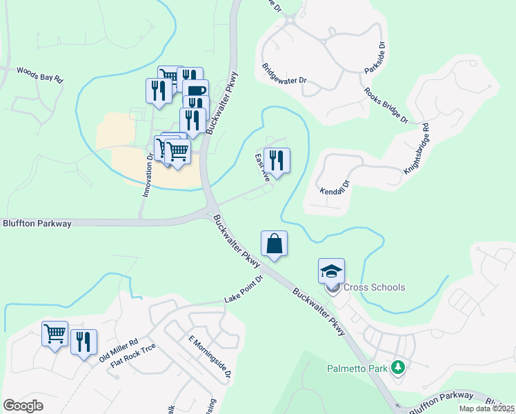 map of restaurants, bars, coffee shops, grocery stores, and more near 131 South Street in Bluffton