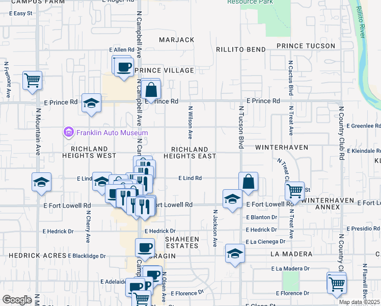 map of restaurants, bars, coffee shops, grocery stores, and more near 3343 North Wilson Avenue in Tucson