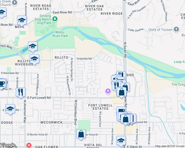 map of restaurants, bars, coffee shops, grocery stores, and more near 3364 North Glen Creek Drive in Tucson