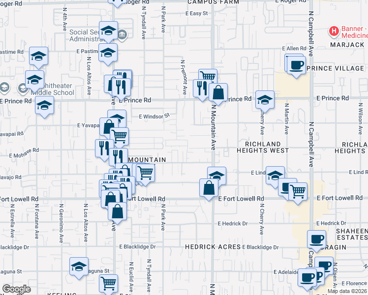 map of restaurants, bars, coffee shops, grocery stores, and more near in Tucson