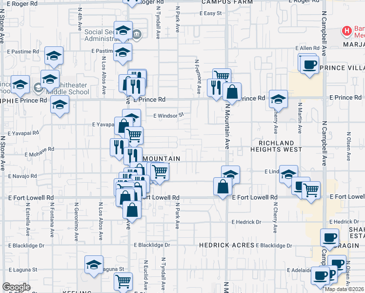 map of restaurants, bars, coffee shops, grocery stores, and more near 1027 East Halcyon Road in Tucson