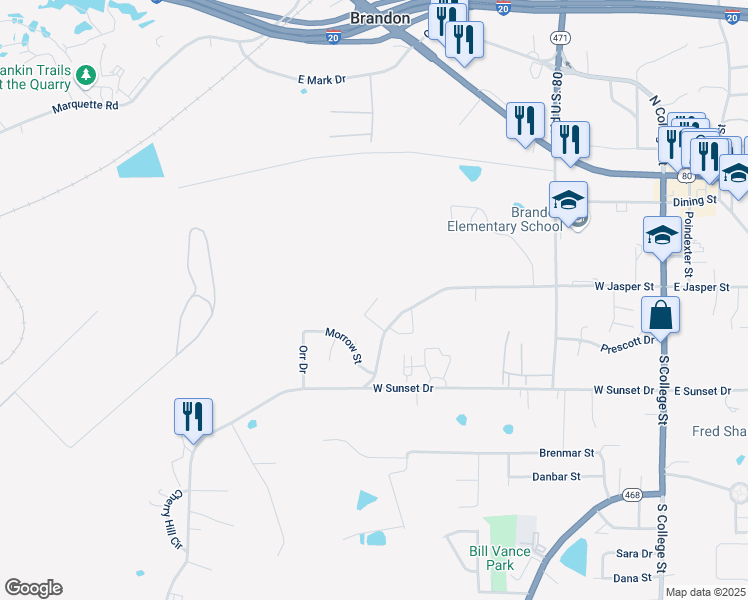 map of restaurants, bars, coffee shops, grocery stores, and more near 201 Berry Drive in Brandon