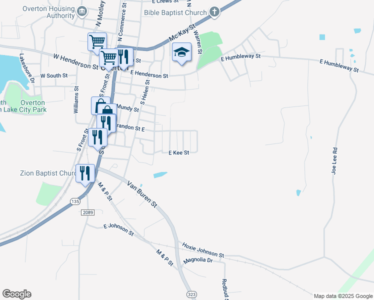 map of restaurants, bars, coffee shops, grocery stores, and more near 600-608 E Kee St in Overton
