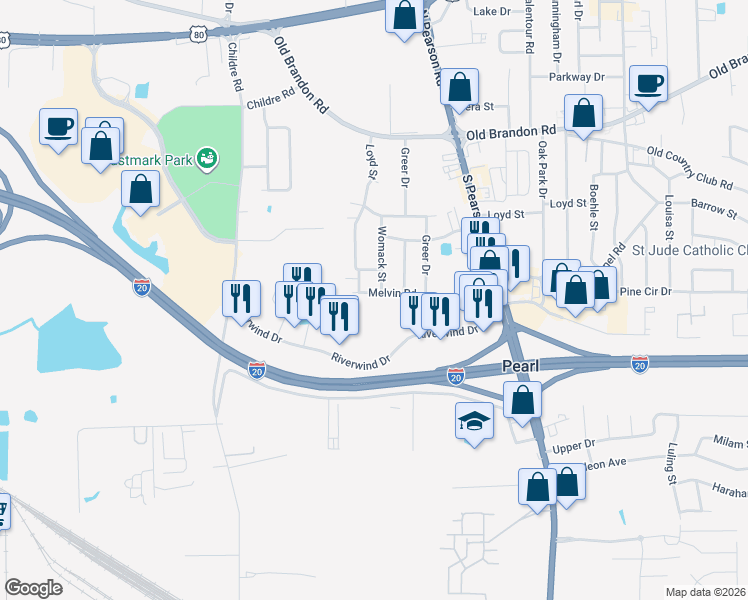 map of restaurants, bars, coffee shops, grocery stores, and more near 411 Riverwind Drive in Pearl