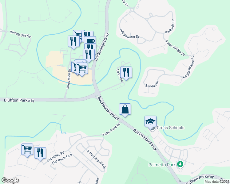 map of restaurants, bars, coffee shops, grocery stores, and more near 119 South Street in Bluffton