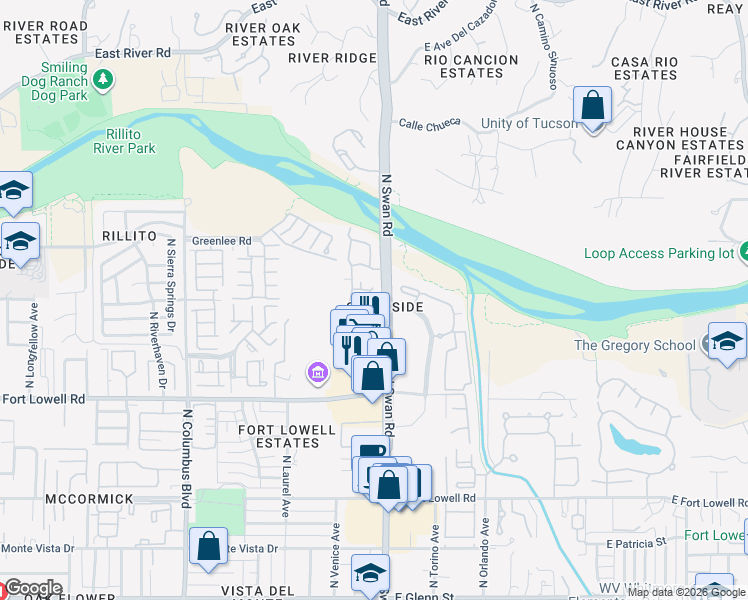 map of restaurants, bars, coffee shops, grocery stores, and more near 3357 North Camino Rio Colorado in Tucson
