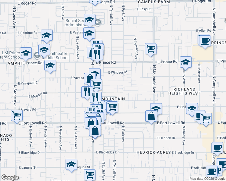 map of restaurants, bars, coffee shops, grocery stores, and more near in Tucson