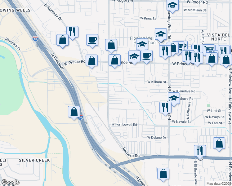 map of restaurants, bars, coffee shops, grocery stores, and more near 3332 North Romero Road in Tucson