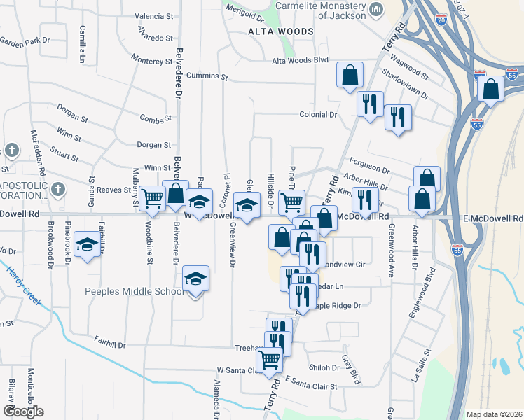 map of restaurants, bars, coffee shops, grocery stores, and more near 225 West McDowell Road in Jackson