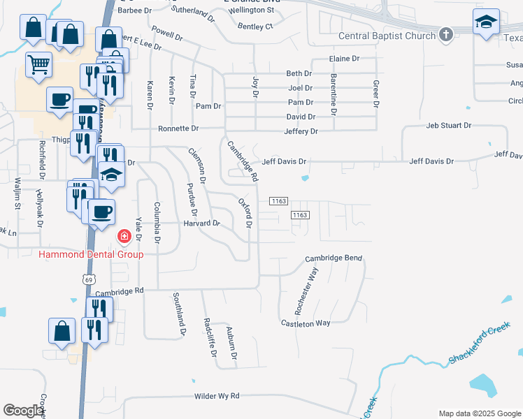 map of restaurants, bars, coffee shops, grocery stores, and more near 8320 Cambridge Road in Tyler