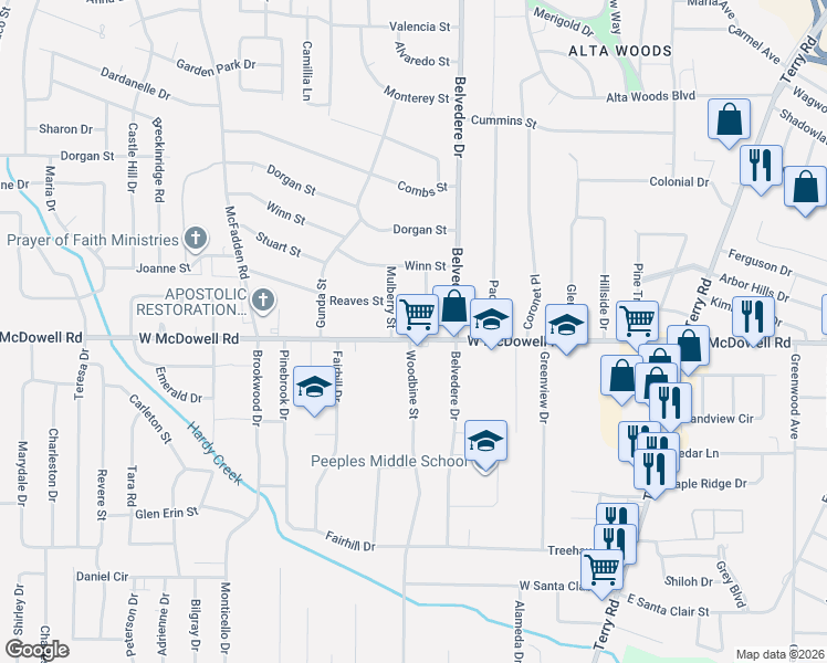 map of restaurants, bars, coffee shops, grocery stores, and more near 741 West McDowell Road in Jackson