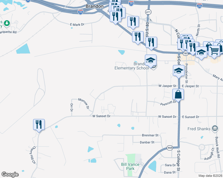 map of restaurants, bars, coffee shops, grocery stores, and more near 323 West Jasper Street in Brandon