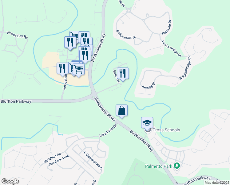 map of restaurants, bars, coffee shops, grocery stores, and more near 131 South Street in Bluffton