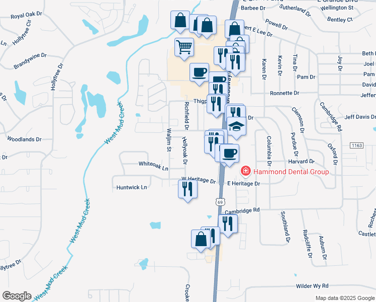 map of restaurants, bars, coffee shops, grocery stores, and more near 7404 Hollyoak Drive in Tyler
