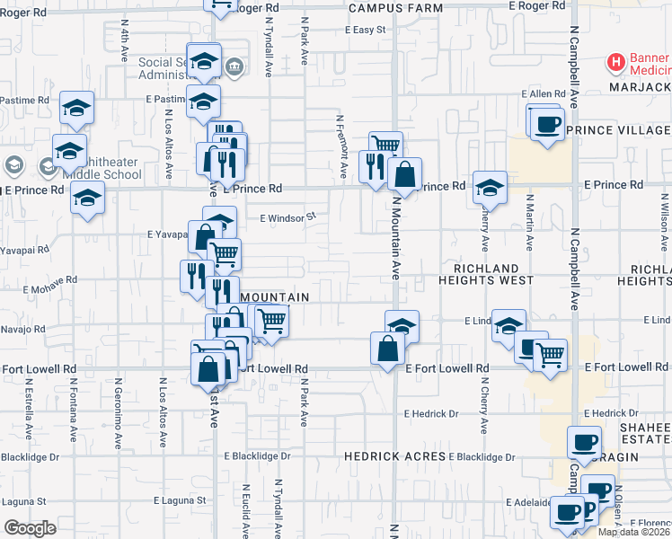 map of restaurants, bars, coffee shops, grocery stores, and more near 1114 East Greenlee Place in Tucson