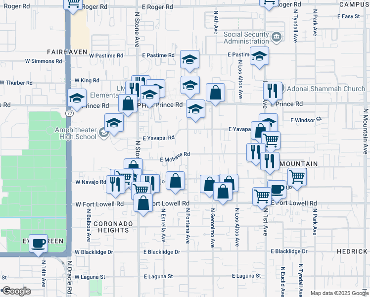 map of restaurants, bars, coffee shops, grocery stores, and more near 208 East Yavapai Road in Tucson