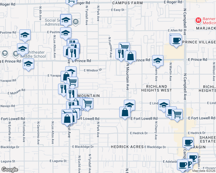 map of restaurants, bars, coffee shops, grocery stores, and more near 1114 East Greenlee Place in Tucson