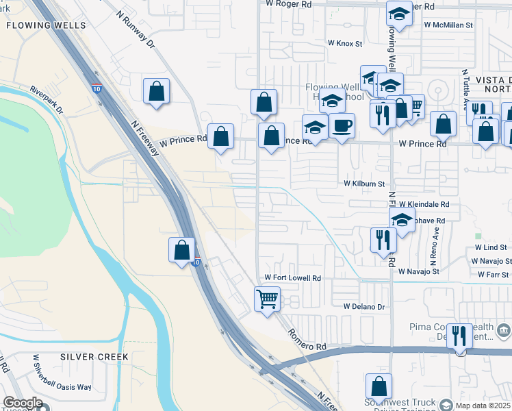 map of restaurants, bars, coffee shops, grocery stores, and more near 3405 N Romero Rd in Tucson