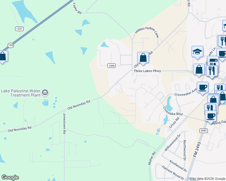 map of restaurants, bars, coffee shops, grocery stores, and more near 14615 County Road 192 in Tyler