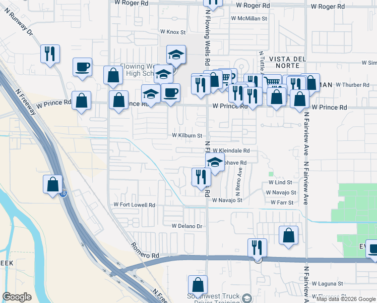 map of restaurants, bars, coffee shops, grocery stores, and more near 3431 North Flowing Wells Road in Tucson
