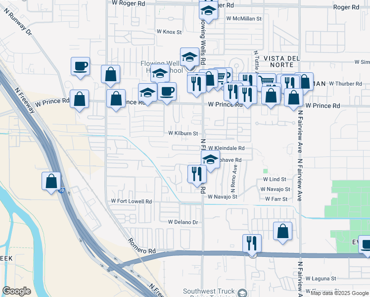 map of restaurants, bars, coffee shops, grocery stores, and more near 1449 West Kilburn Street in Tucson