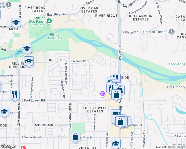 map of restaurants, bars, coffee shops, grocery stores, and more near 4478 East Caladium Place in Tucson