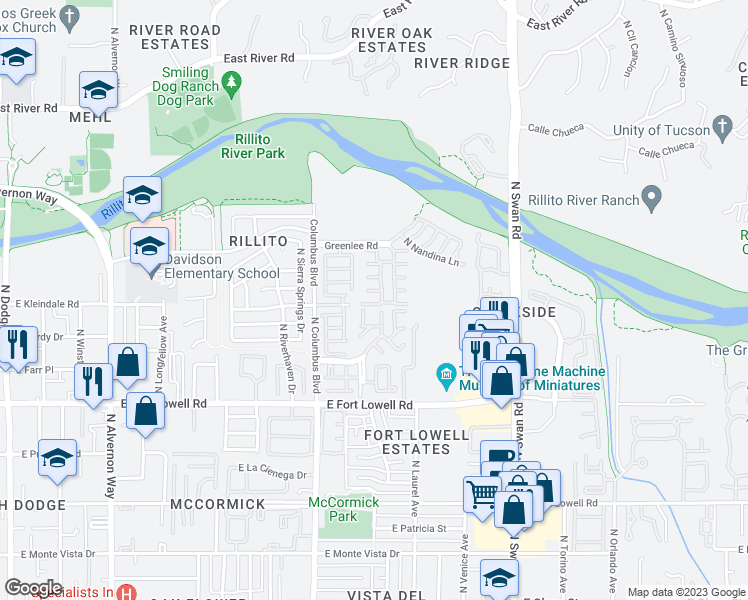 map of restaurants, bars, coffee shops, grocery stores, and more near 4419 East Bullrush Lane in Tucson