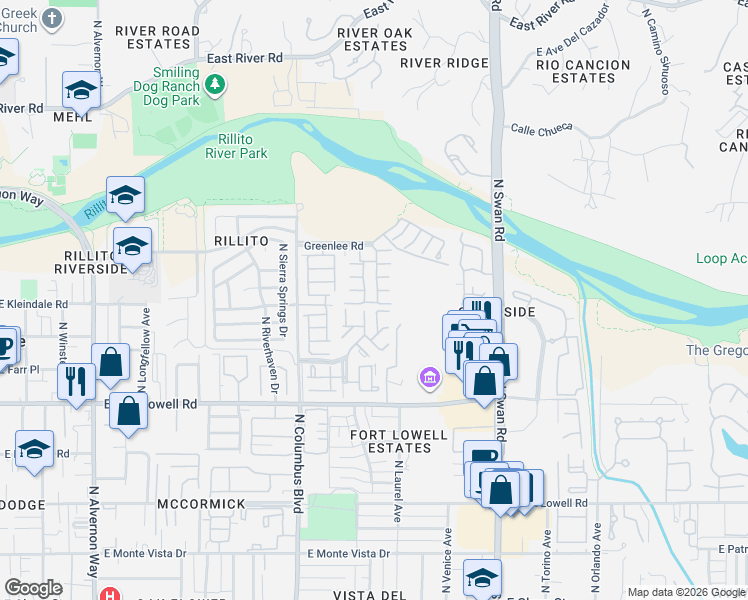 map of restaurants, bars, coffee shops, grocery stores, and more near 3442 North Catalina Avenue in Tucson