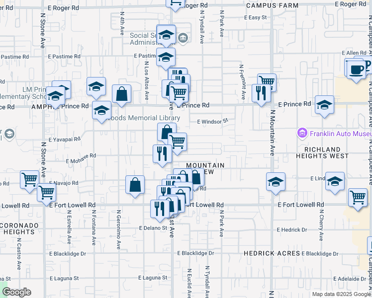 map of restaurants, bars, coffee shops, grocery stores, and more near 760 East Graybill Drive in Tucson
