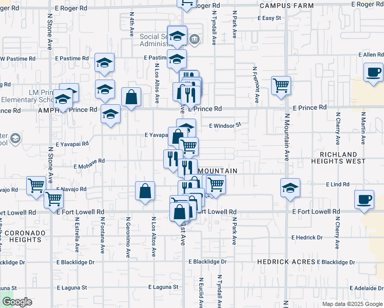 map of restaurants, bars, coffee shops, grocery stores, and more near 3448 North 1st Avenue in Tucson