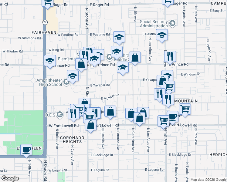 map of restaurants, bars, coffee shops, grocery stores, and more near 208 East Yavapai Road in Tucson