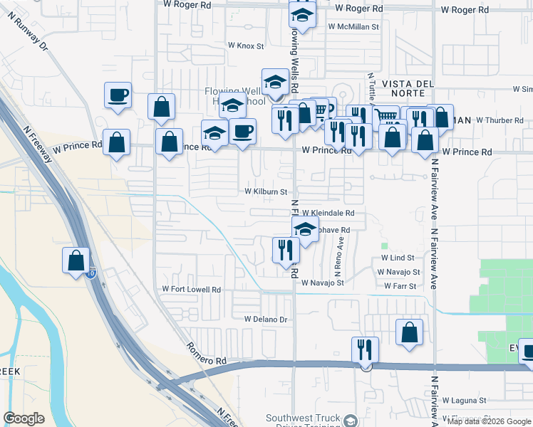 map of restaurants, bars, coffee shops, grocery stores, and more near 1449 West Kilburn Street in Tucson