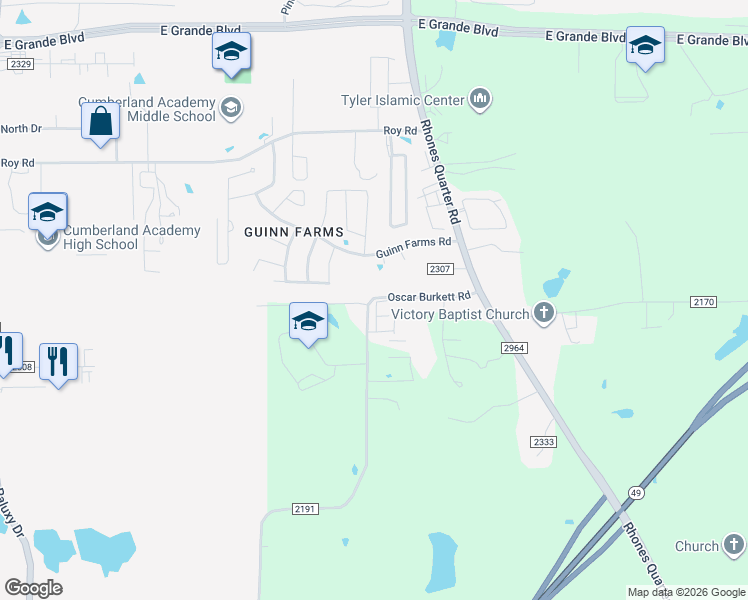 map of restaurants, bars, coffee shops, grocery stores, and more near 2921 Guinn Farms Road in Tyler