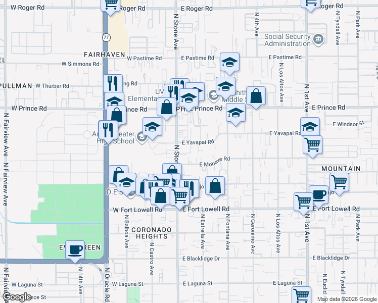 map of restaurants, bars, coffee shops, grocery stores, and more near 3450 North Stone Avenue in Tucson