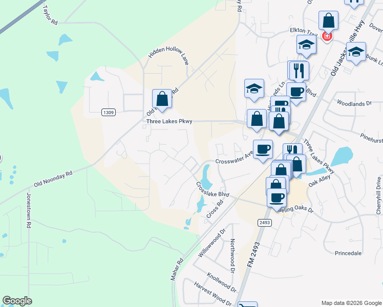 map of restaurants, bars, coffee shops, grocery stores, and more near 7556 Northlake Drive in Tyler